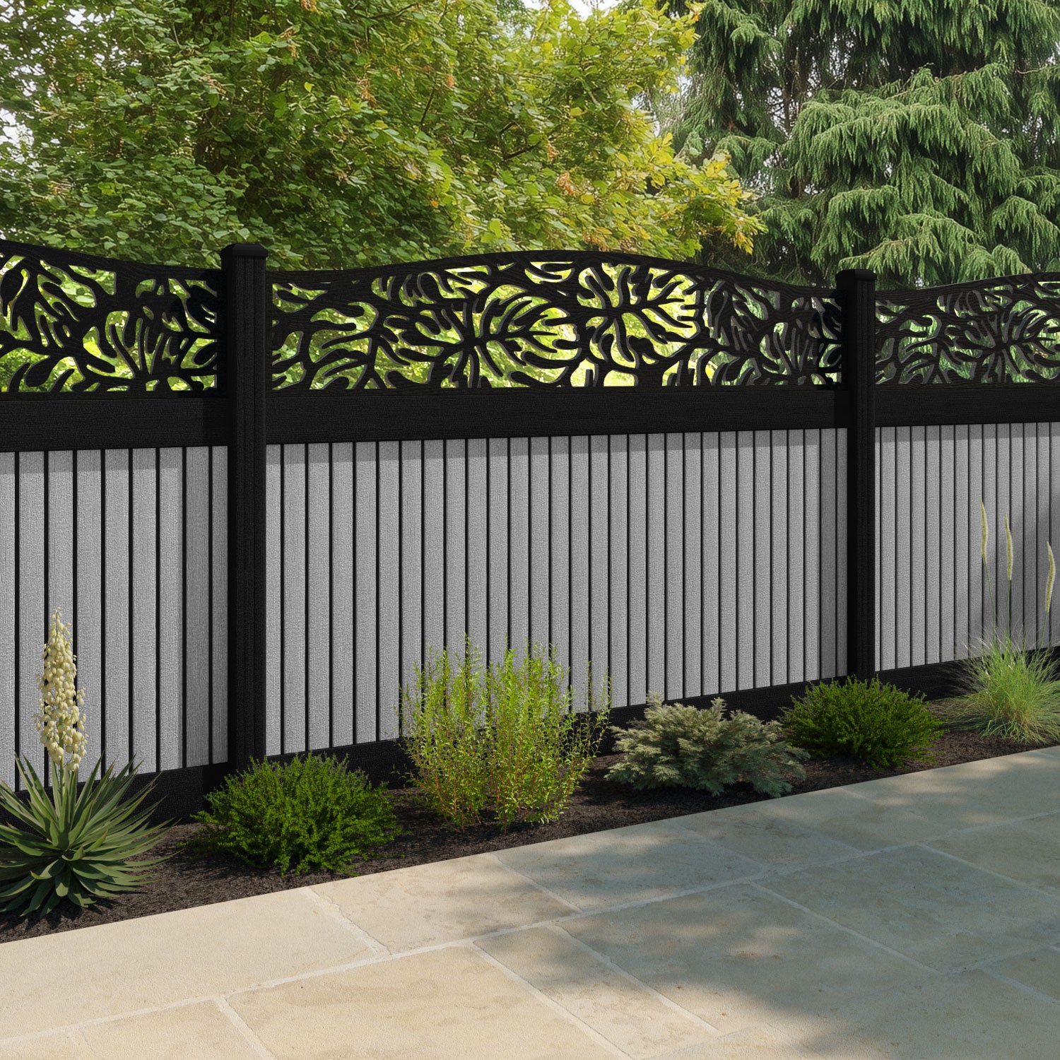 Virtis Botanic Curved Top Fence Panel - Light Grey - with our aluminium posts