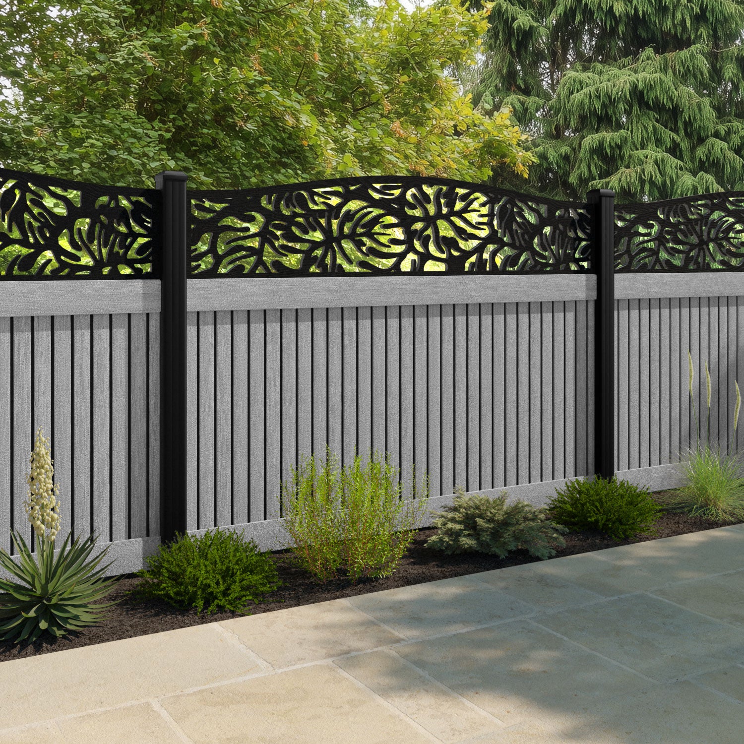 Virtis Botanic Curved Top Fence Panel - Light Grey - with our aluminium posts