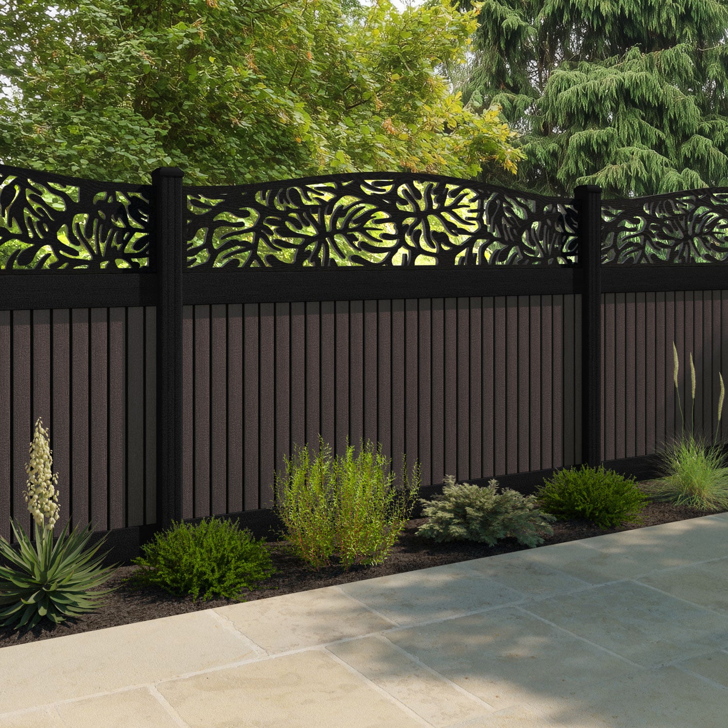Virtis Botanic Curved Top Fence Panel - Mid Brown - with our composite posts