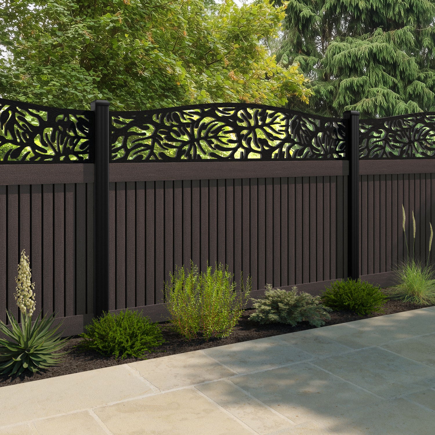Virtis Botanic Curved Top Fence Panel - Mid Brown - with our composite posts