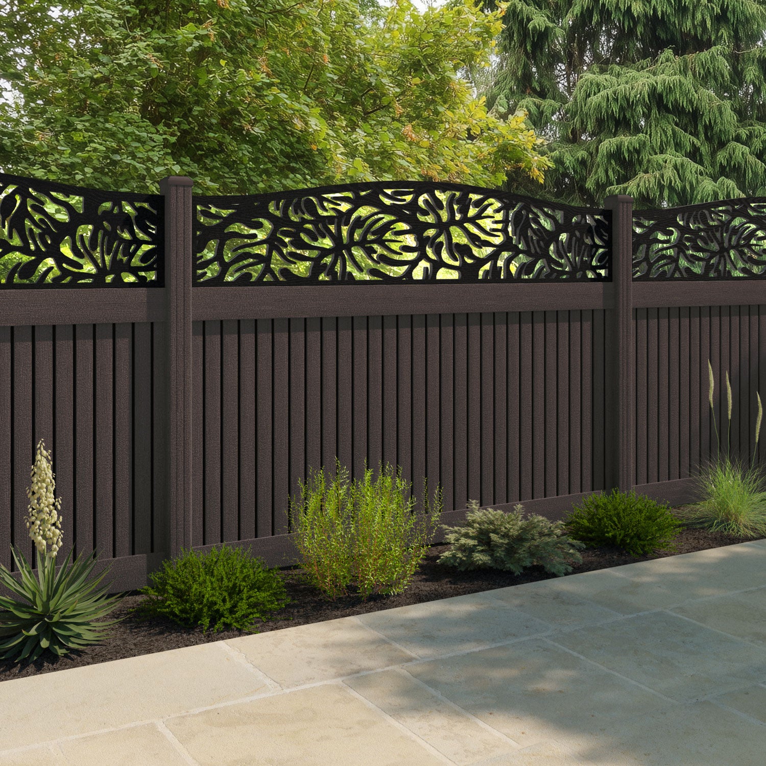 Virtis Botanic Curved Top Fence Panel - Mid Brown - with our composite posts