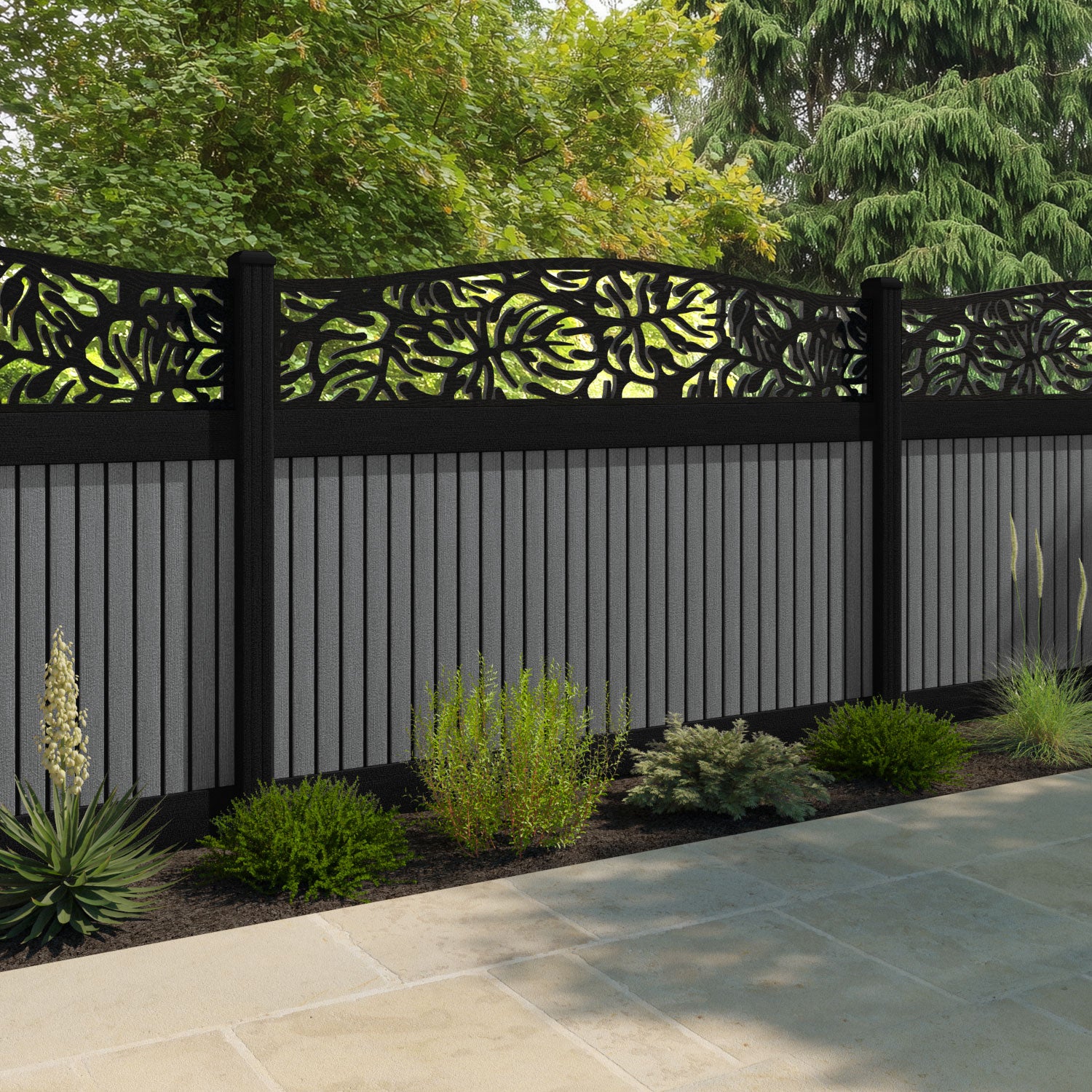 Virtis Botanic Curved Top Fence Panel - Mid Grey - with our aluminium posts