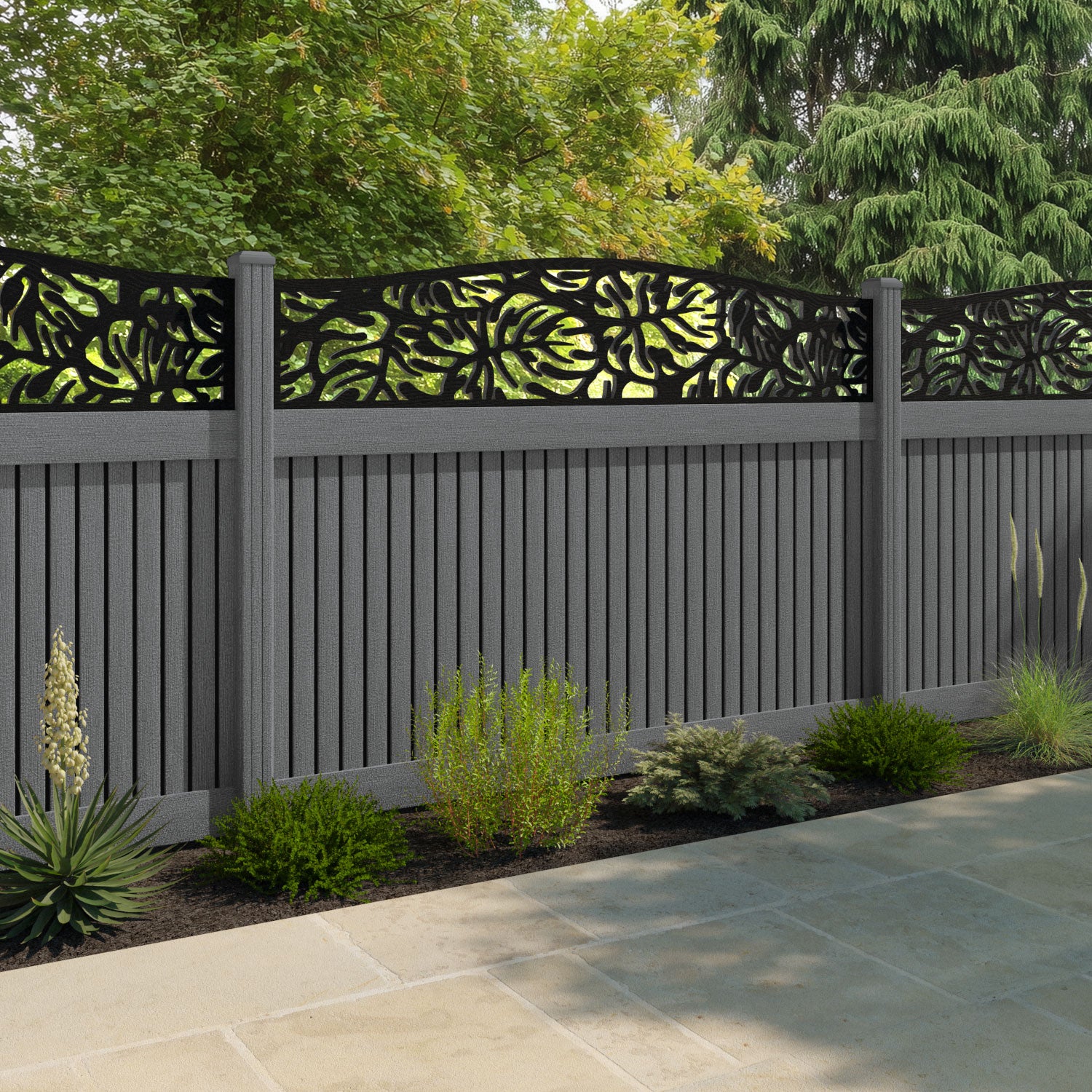 Virtis Botanic Curved Top Fence Panel - Mid Grey - with our composite posts