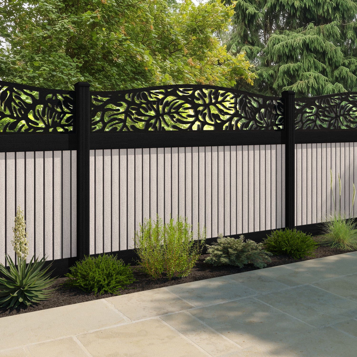 Virtis Botanic Curved Top Fence Panel - Mid Stone - with our aluminium posts