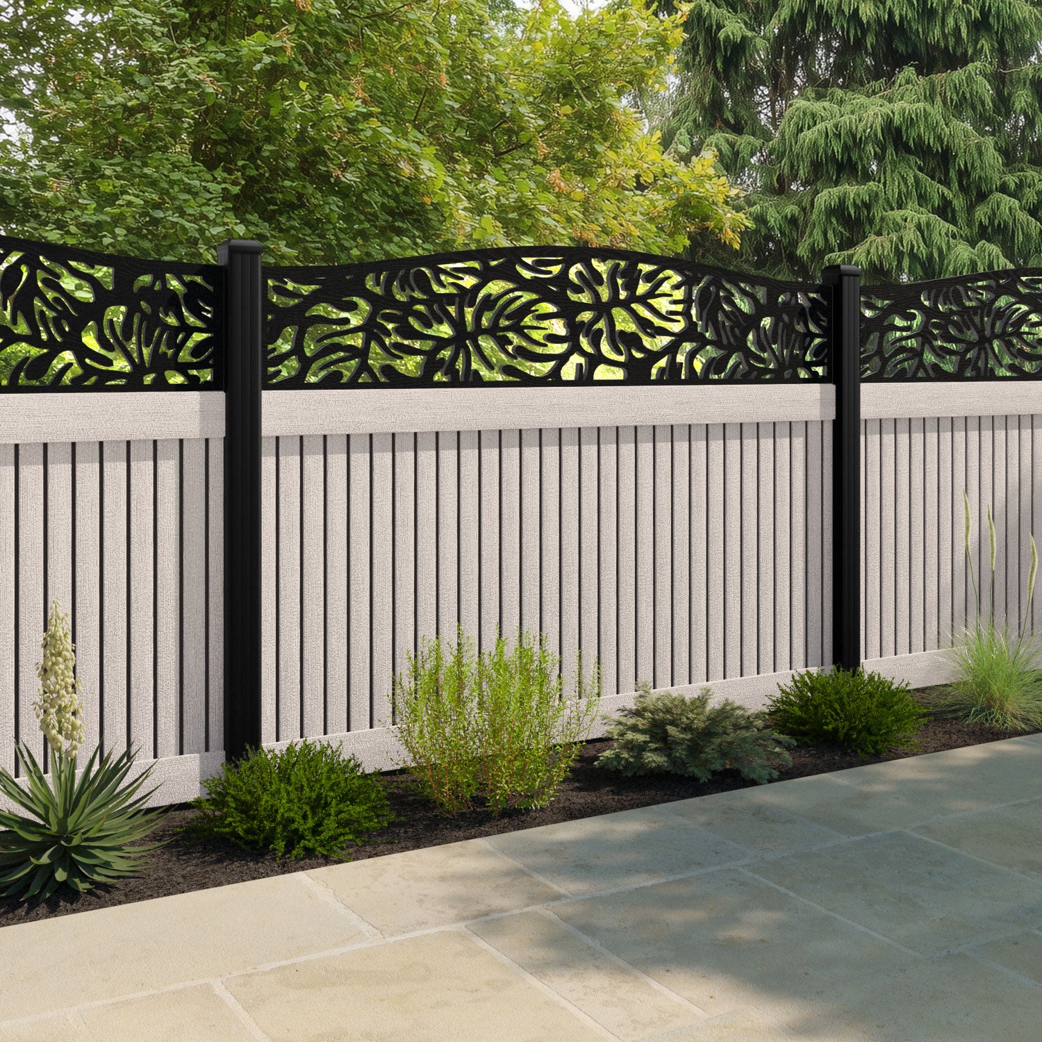 Virtis Botanic Curved Top Fence Panel - Mid Stone - with our composite posts