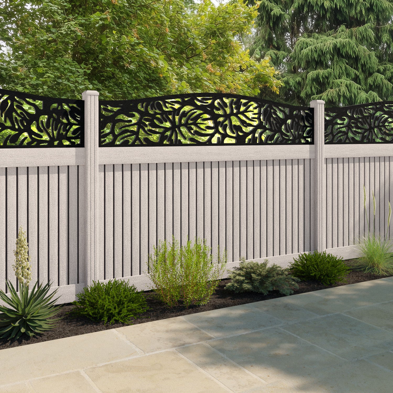 Virtis Botanic Curved Top Fence Panel - Mid Stone - with our composite posts