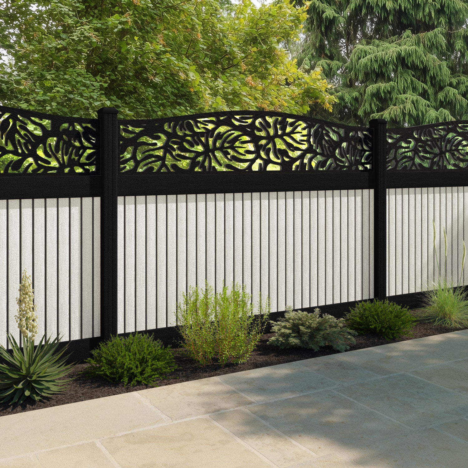 Virtis Botanic Curved Top Fence Panel - Light Stone - with our composite posts