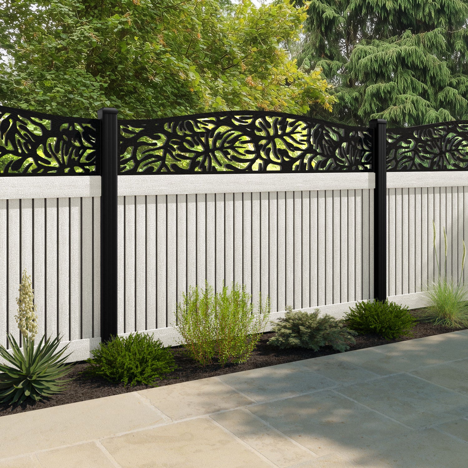 Virtis Botanic Curved Top Fence Panel - Light Stone - with our composite posts