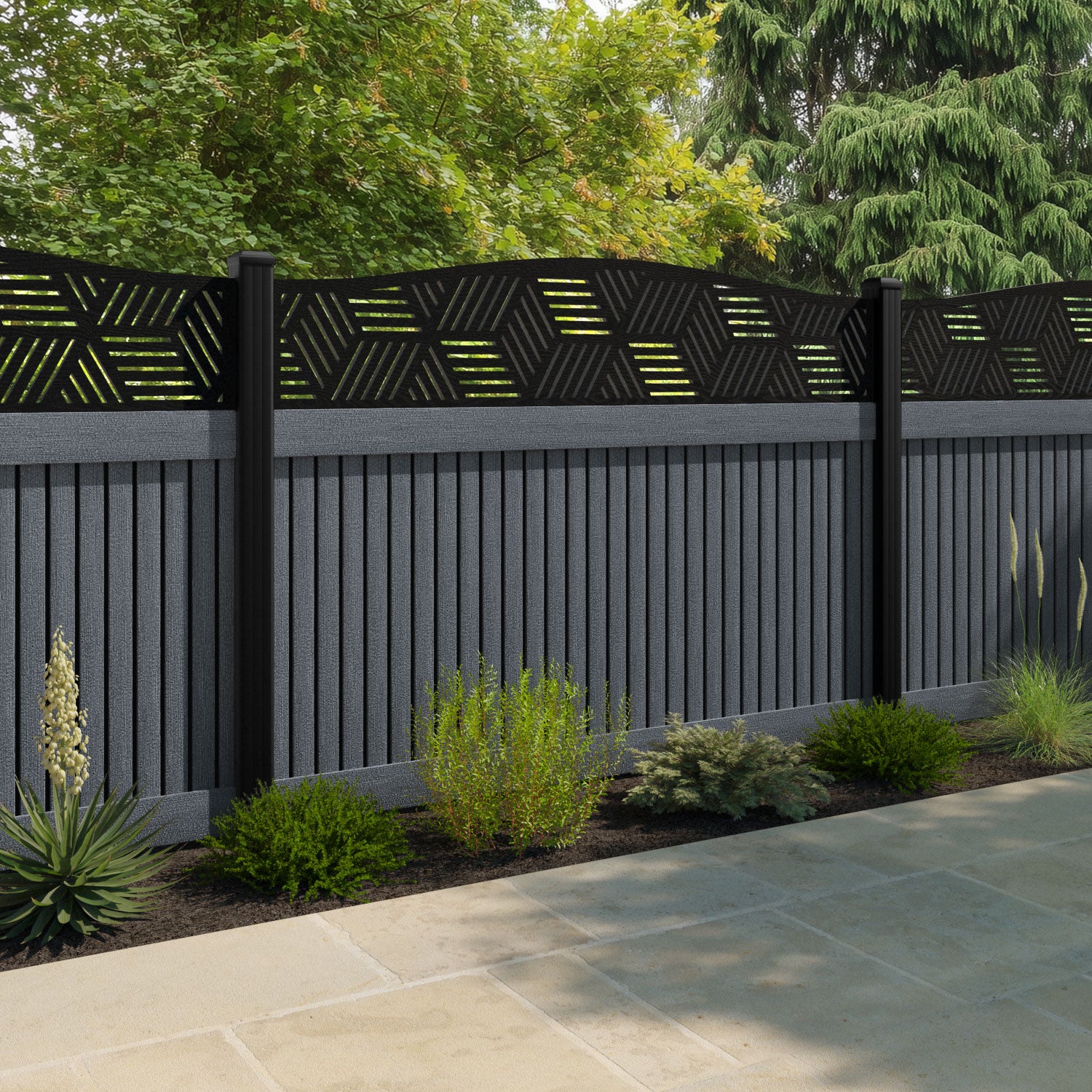 Virtis Cubed Curved Top Fence Panel - Anthracite - with our composite posts