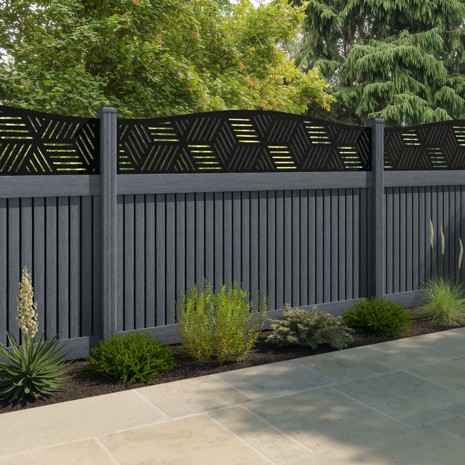 Virtis Cubed Curved Top Fence Panel - Anthracite - with our composite posts