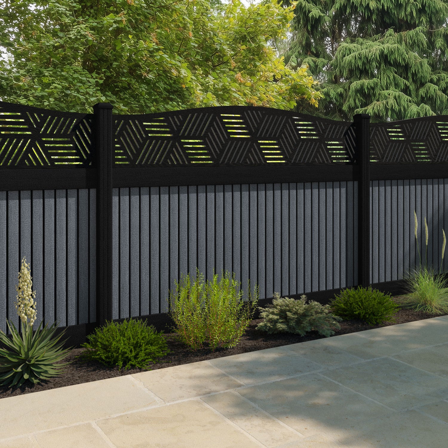 Virtis Cubed Curved Top Fence Panel - Anthracite - with our composite posts