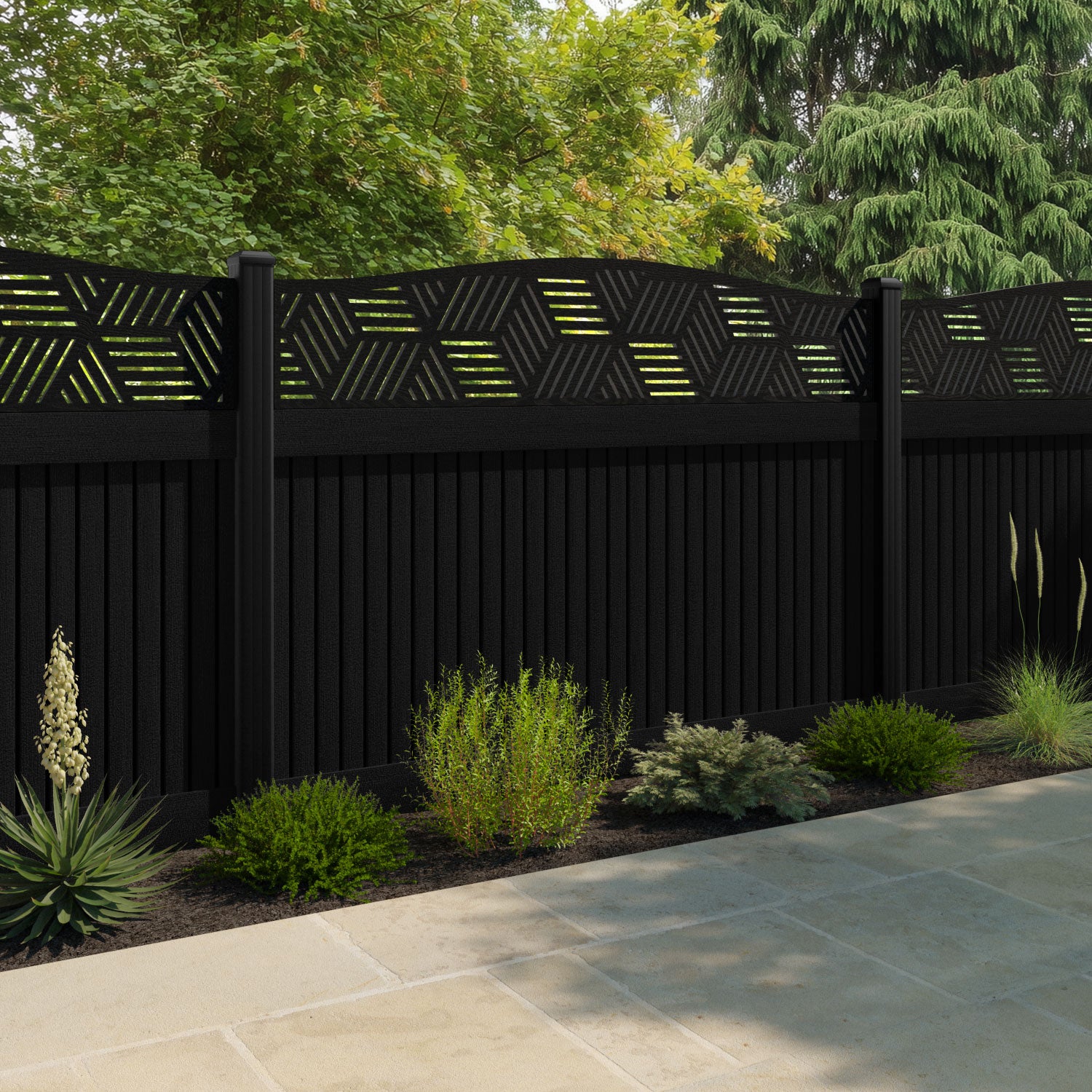 Virtis Cubed Curved Top Fence Panel - Black - with our aluminium posts