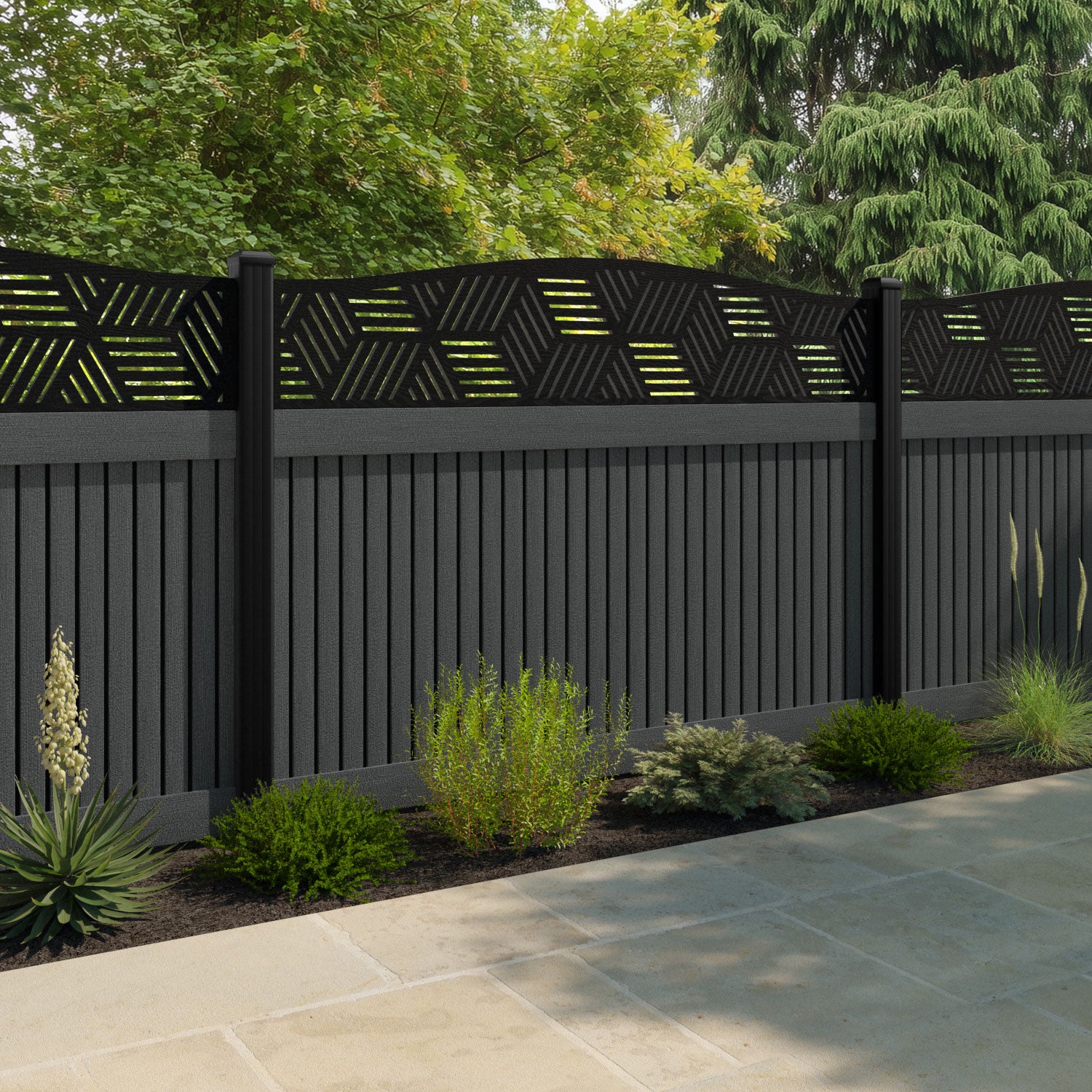 Virtis Cubed Curved Top Fence Panel - Dark Grey - with our composite posts