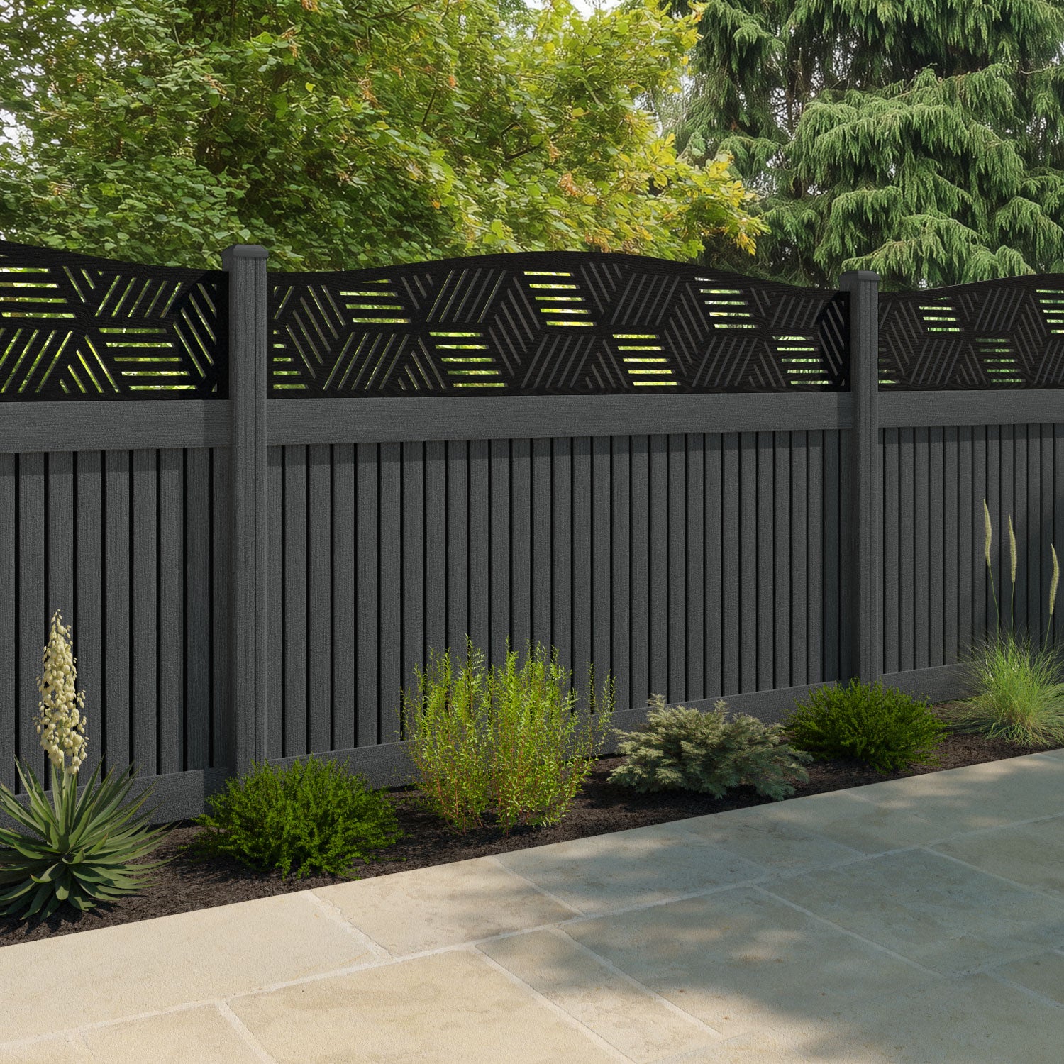 Virtis Cubed Curved Top Fence Panel - Dark Grey - with our composite posts