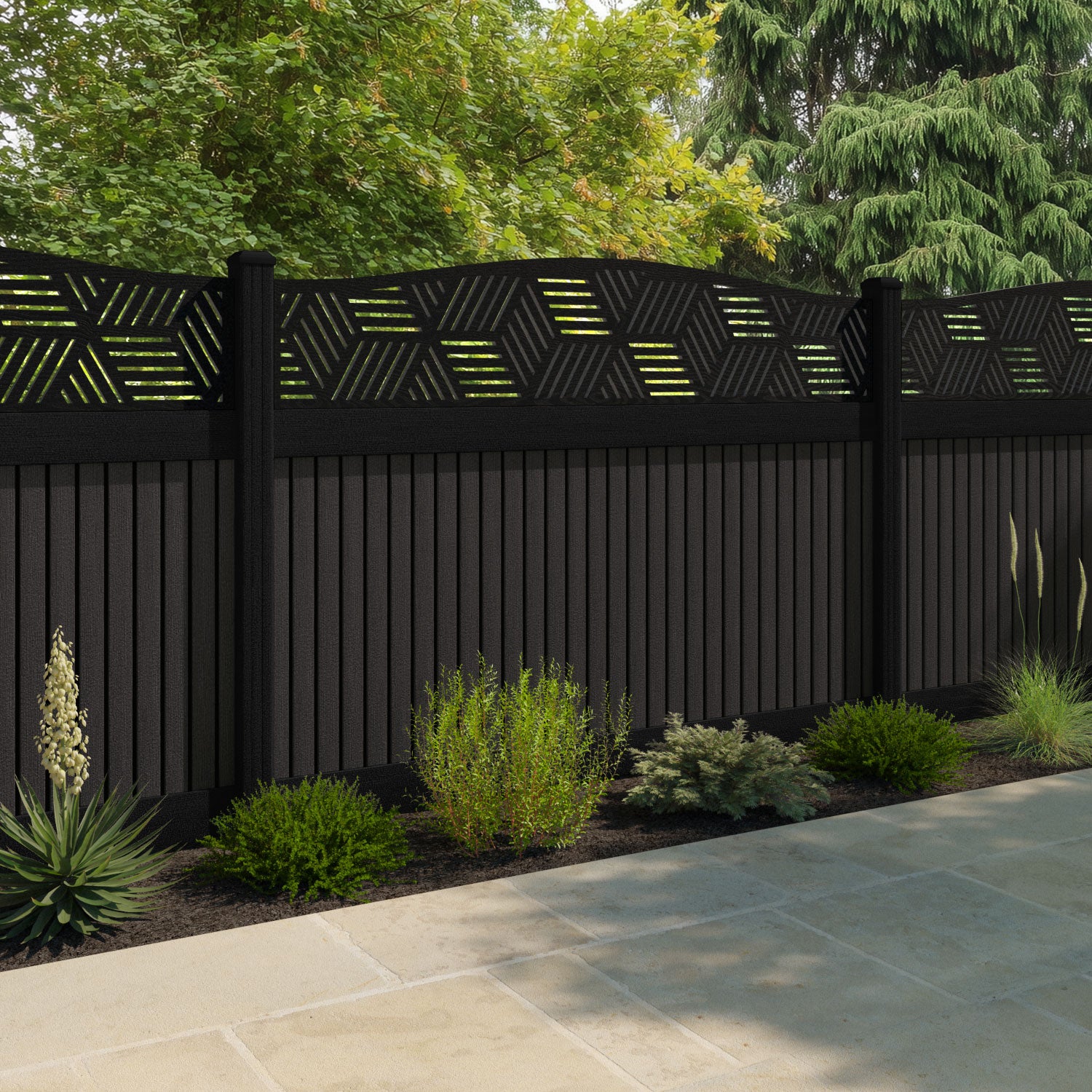 Virtis Cubed Curved Top Fence Panel - Dark Oak - with our composite posts