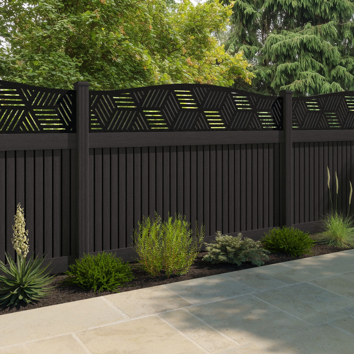 Virtis Cubed Curved Top Fence Panel - Dark Oak - with our composite posts