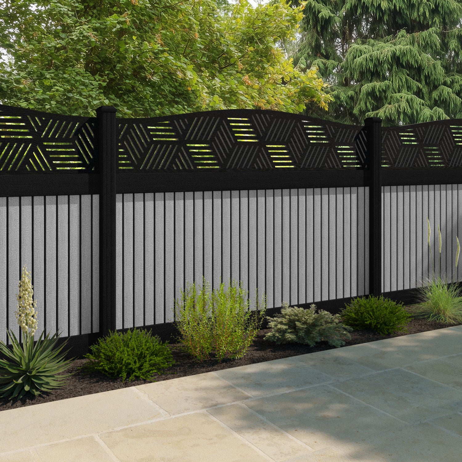 Virtis Cubed Curved Top Fence Panel - Light Grey - with our composite posts