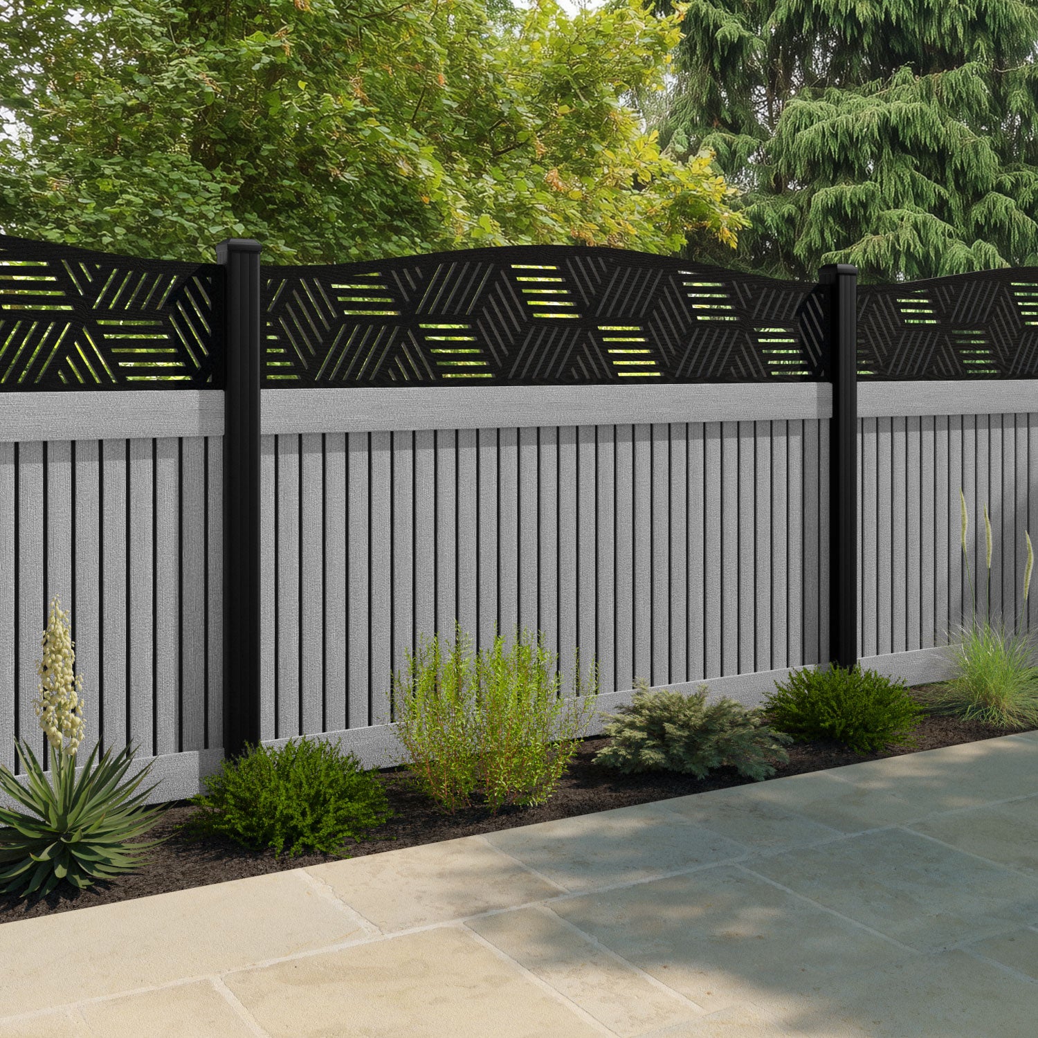Virtis Cubed Curved Top Fence Panel - Light Grey - with our aluminium posts