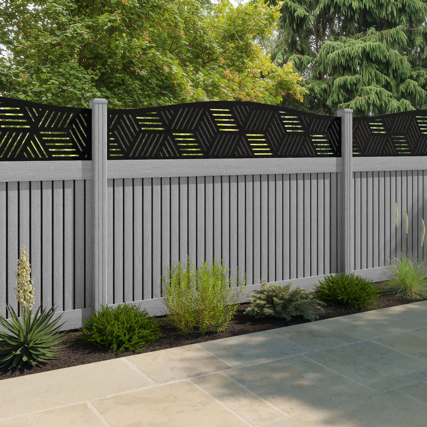 Virtis Cubed Curved Top Fence Panel - Light Grey - with our composite posts
