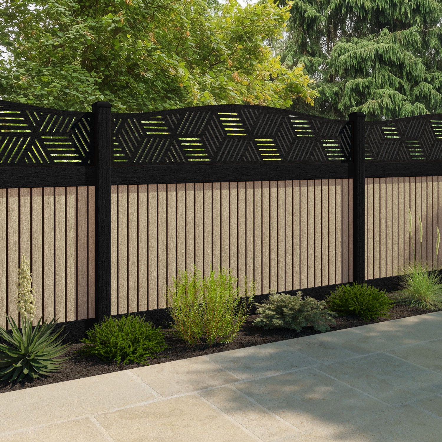 Virtis Cubed Curved Top Fence Panel - Light Oak - with our aluminium posts