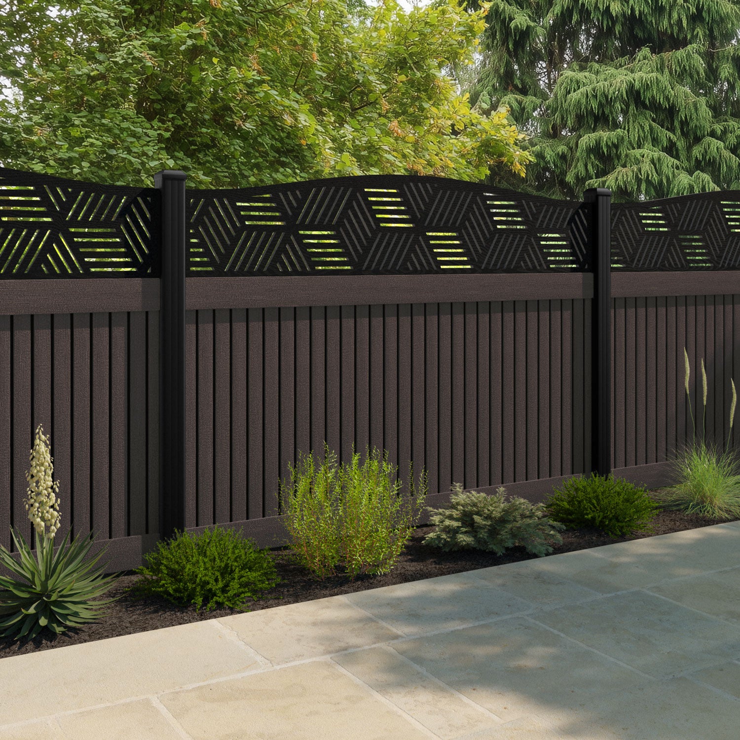 Virtis Cubed Curved Top Fence Panel - Mid Brown - with our composite posts