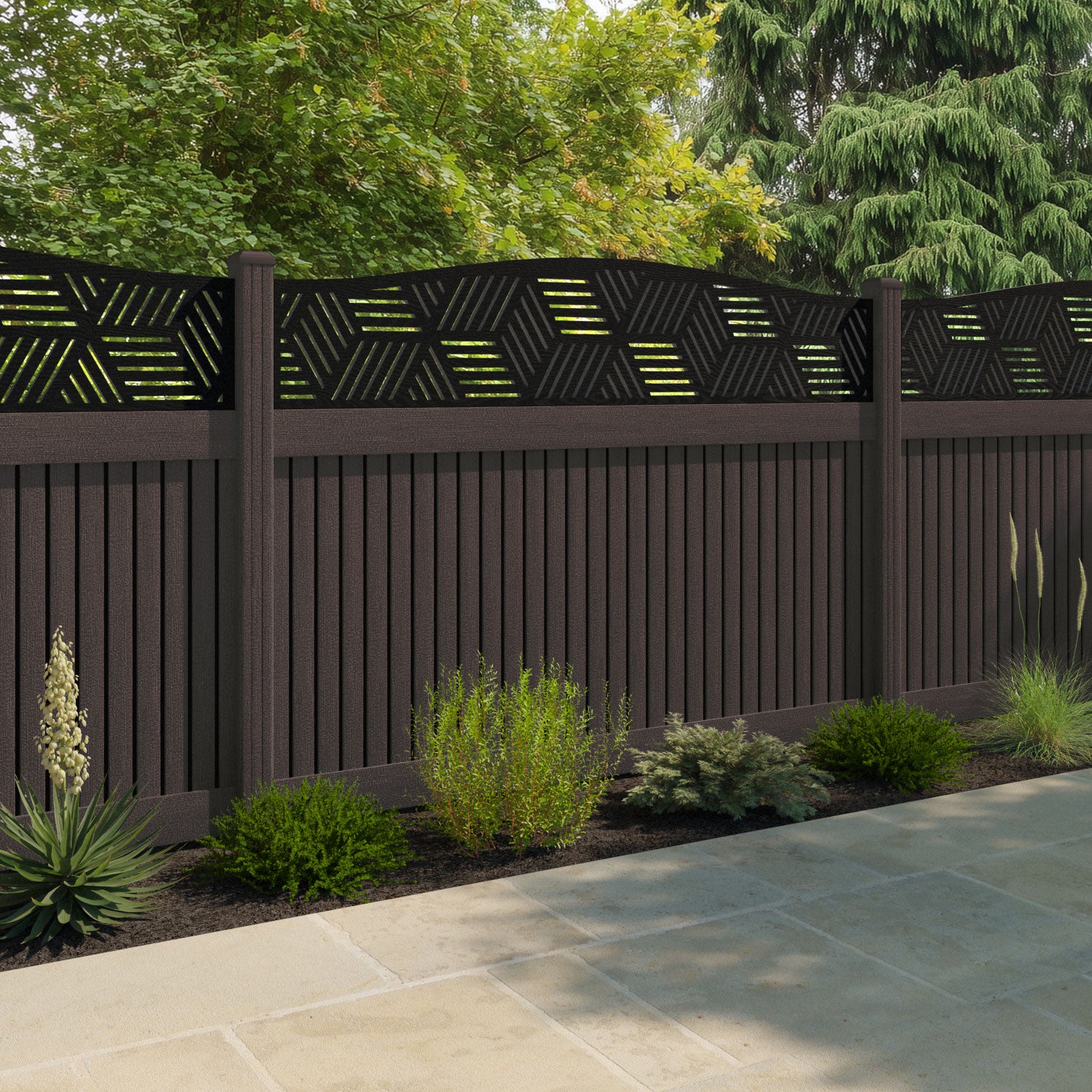 Virtis Cubed Curved Top Fence Panel - Mid Brown - with our composite posts