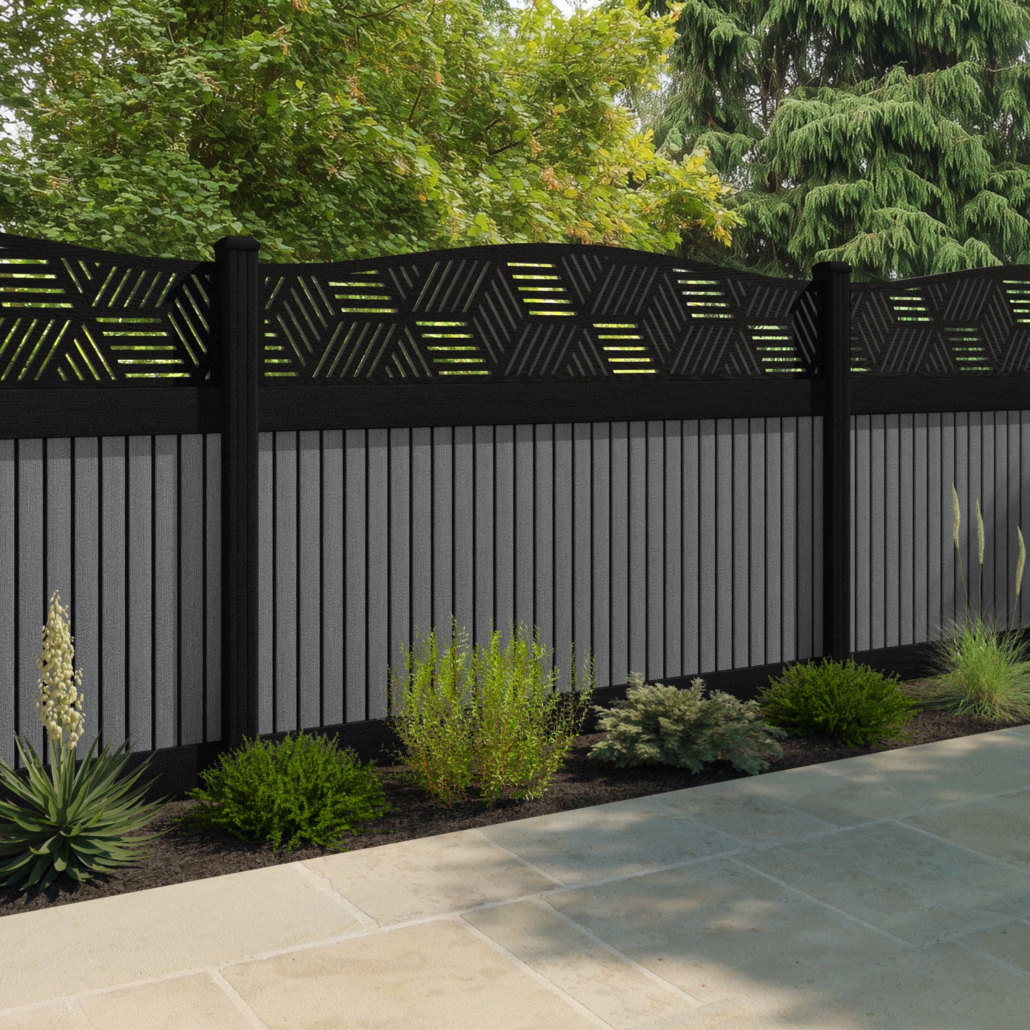 Virtis Cubed Curved Top Fence Panel - Mid Grey - with our aluminium posts