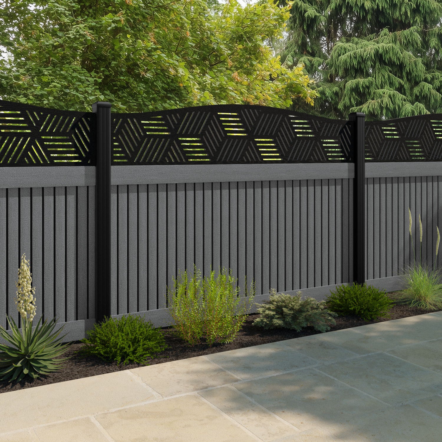 Virtis Cubed Curved Top Fence Panel - Mid Grey - with our aluminium posts