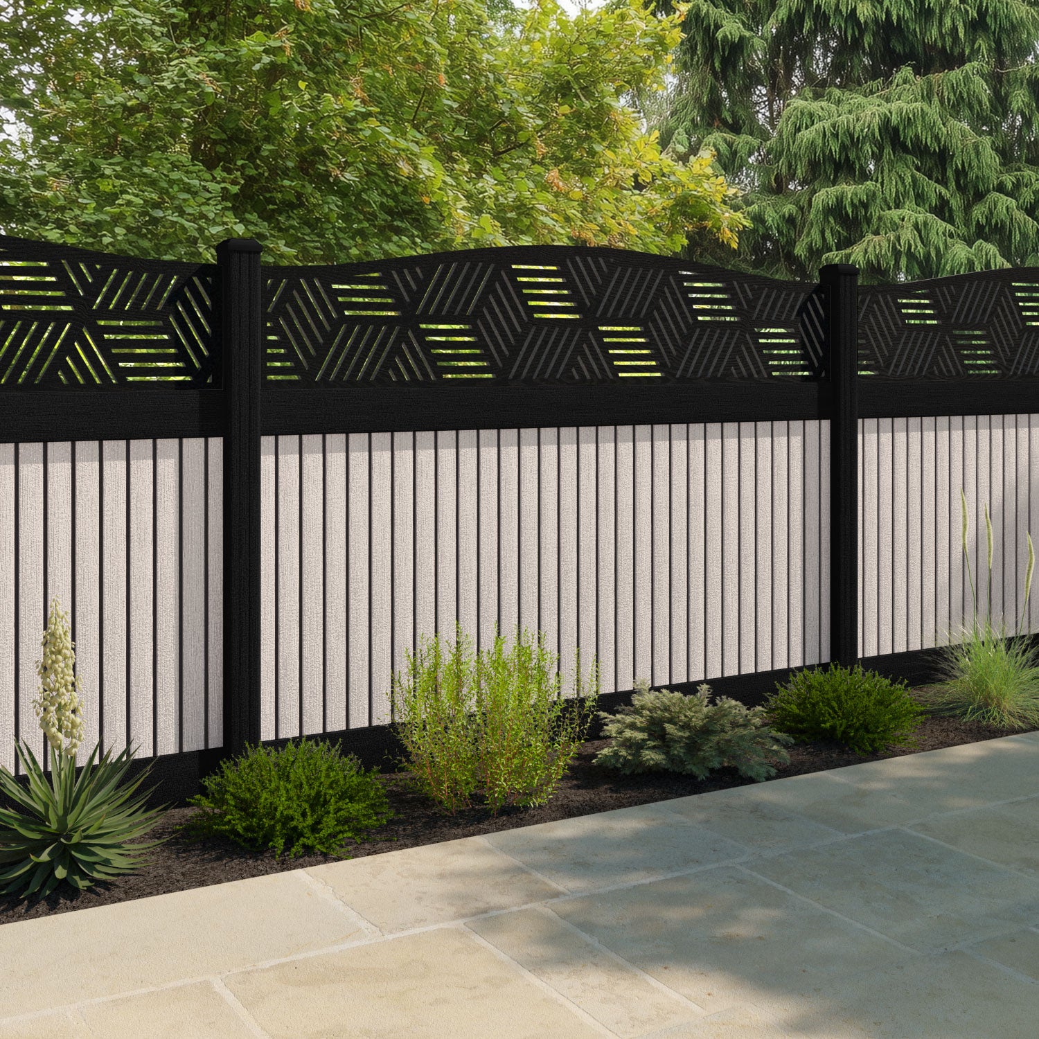 Virtis Cubed Curved Top Fence Panel - Mid Stone - with our composite posts
