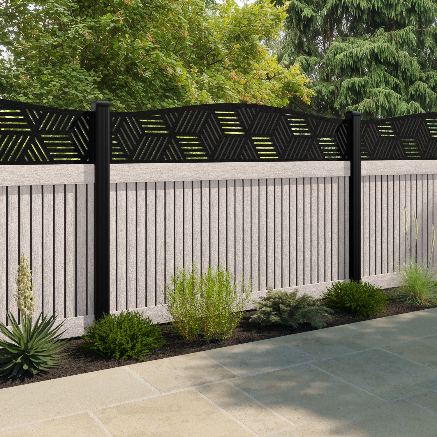Virtis Cubed Curved Top Fence Panel - Mid Stone - with our composite posts