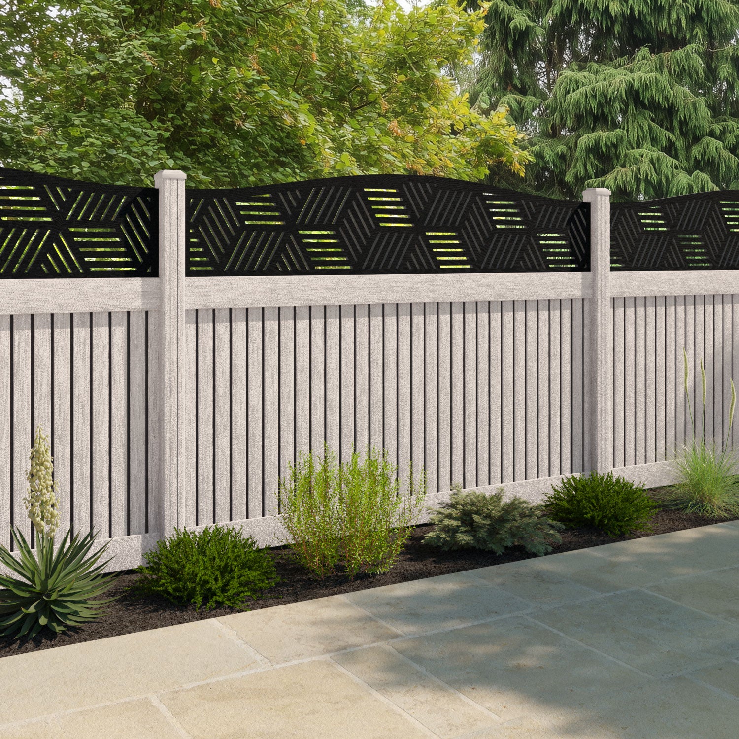 Virtis Cubed Curved Top Fence Panel - Mid Stone - with our composite posts