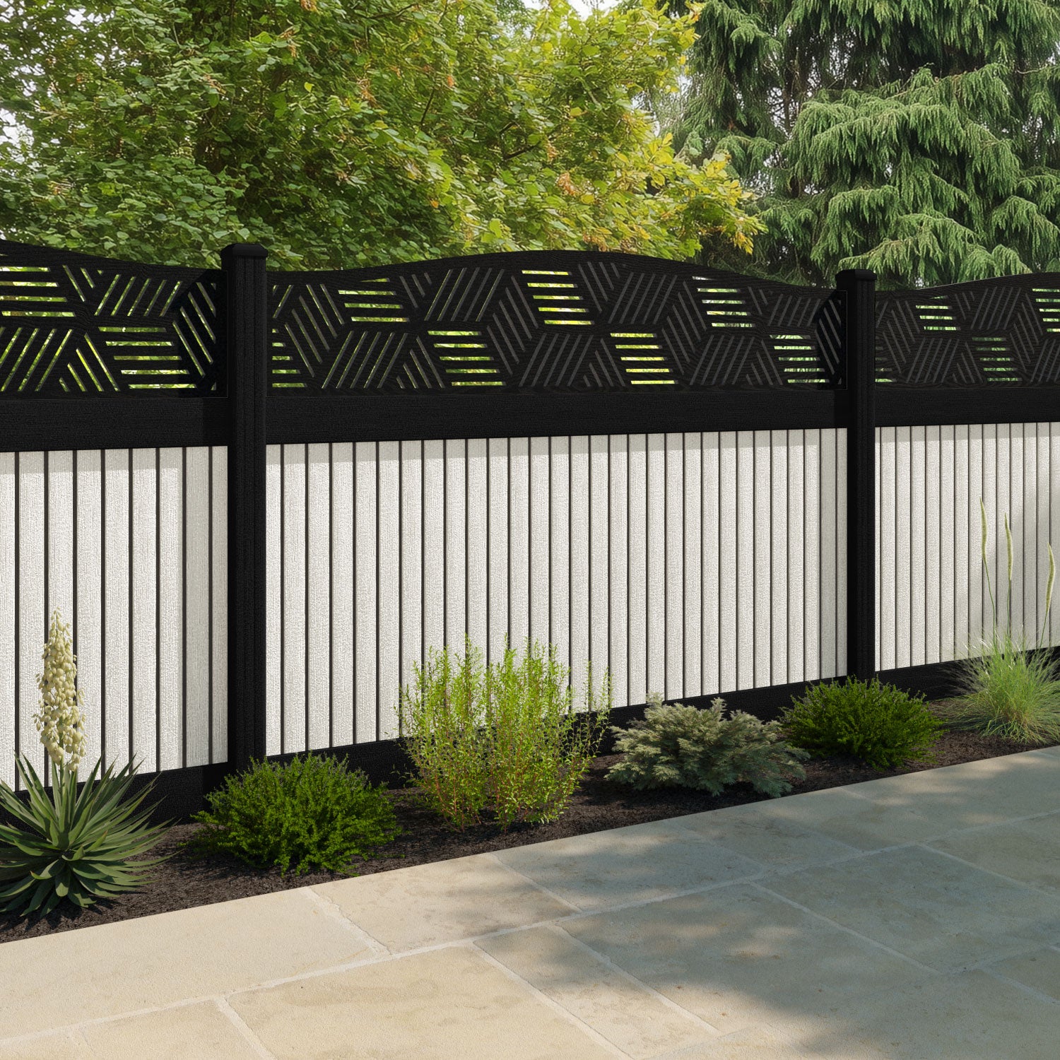 Virtis Cubed Curved Top Fence Panel - Light Stone - with our aluminium posts