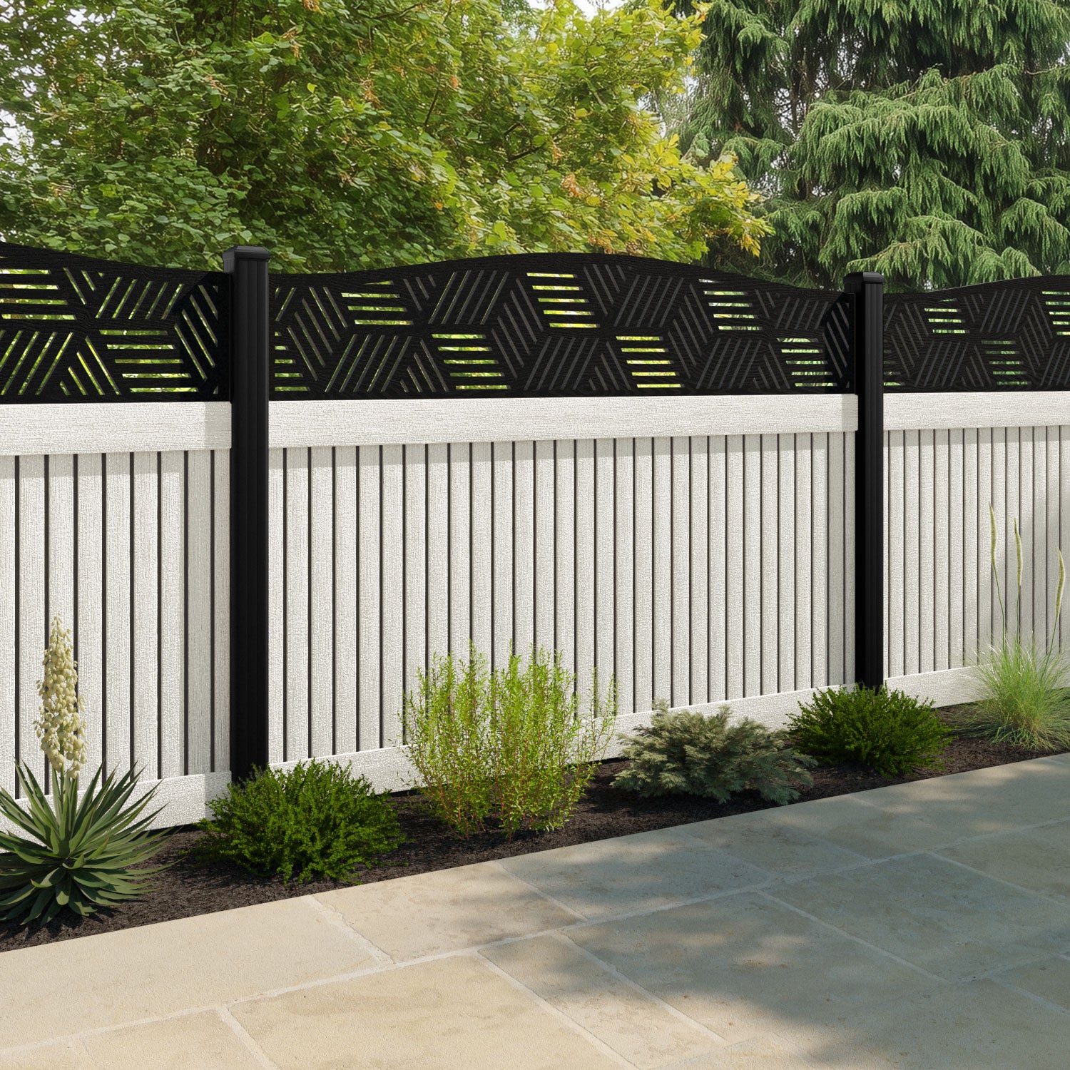 Virtis Cubed Curved Top Fence Panel - Light Stone - with our aluminium posts