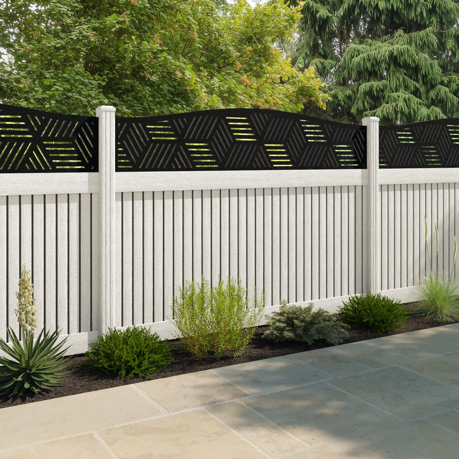 Virtis Cubed Curved Top Fence Panel - Light Stone - with our composite posts