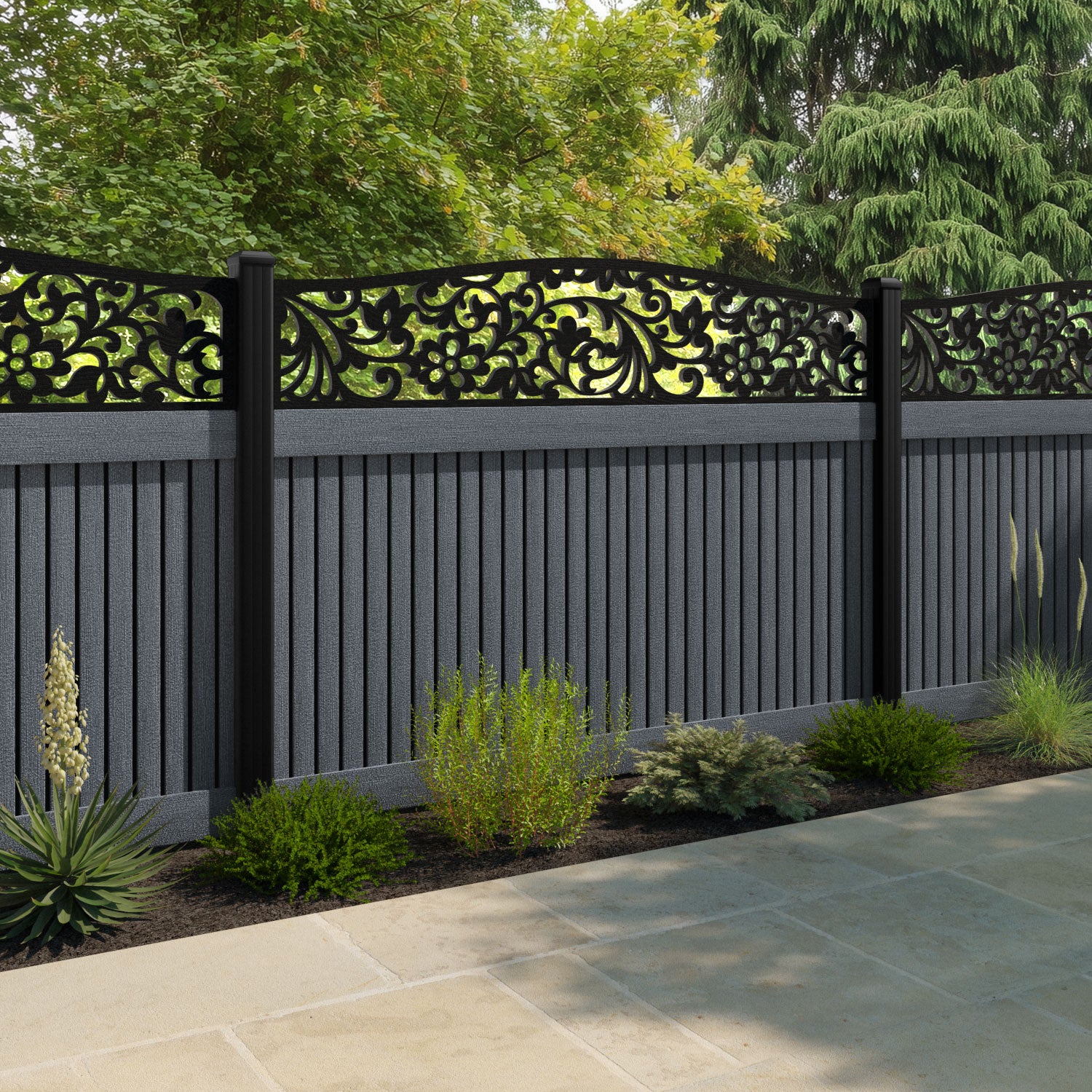 Virtis Eden Curved Top Fence Panel - Anthracite - with our composite posts