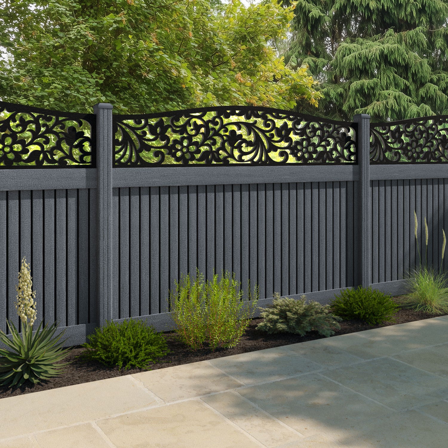 Virtis Eden Curved Top Fence Panel - Anthracite - with our composite posts