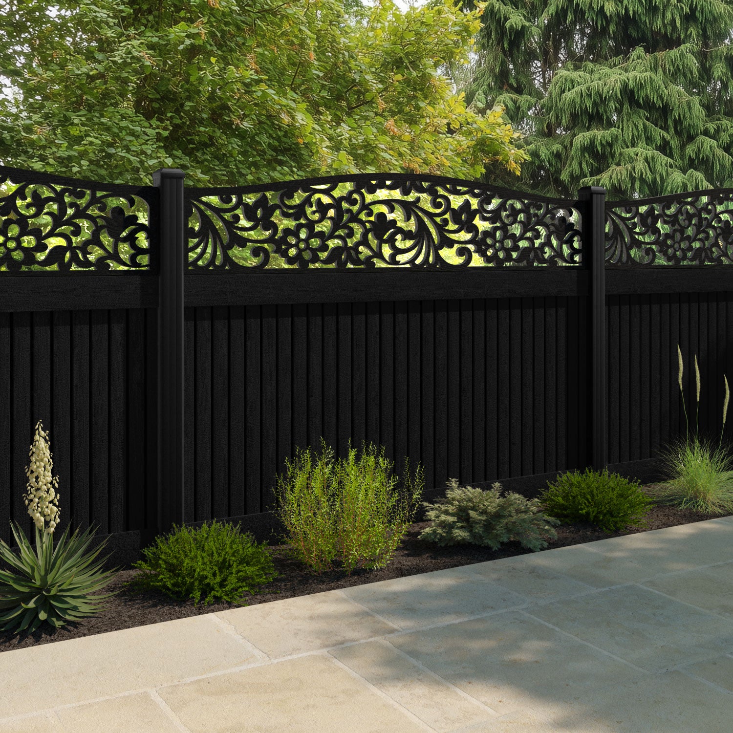 Virtis Eden Curved Top Fence Panel - Black - with our aluminium posts