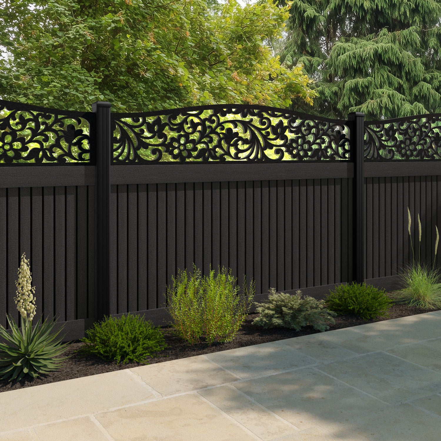 Virtis Eden Curved Top Fence Panel - Dark Oak - with our composite posts