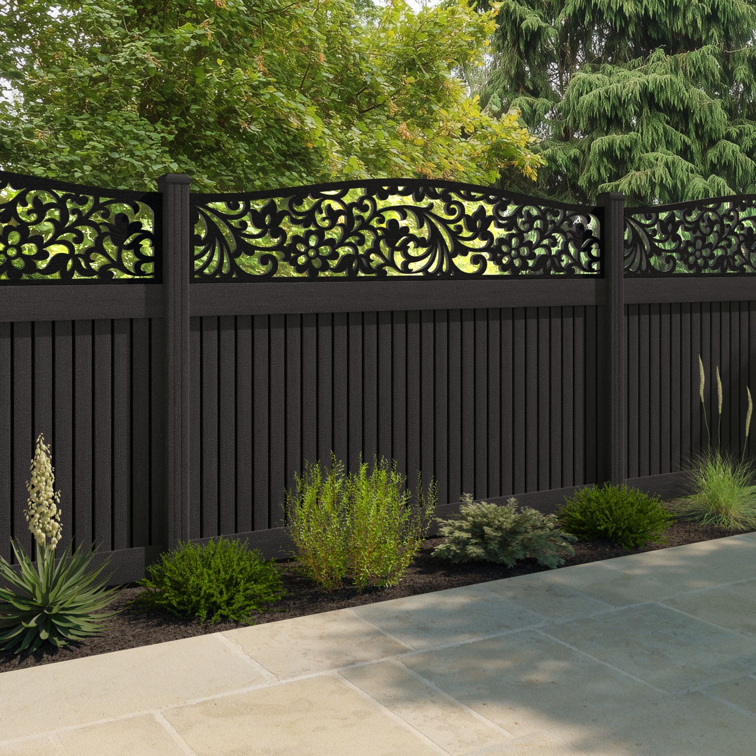 Virtis Eden Curved Top Fence Panel - Dark Oak - with our composite posts