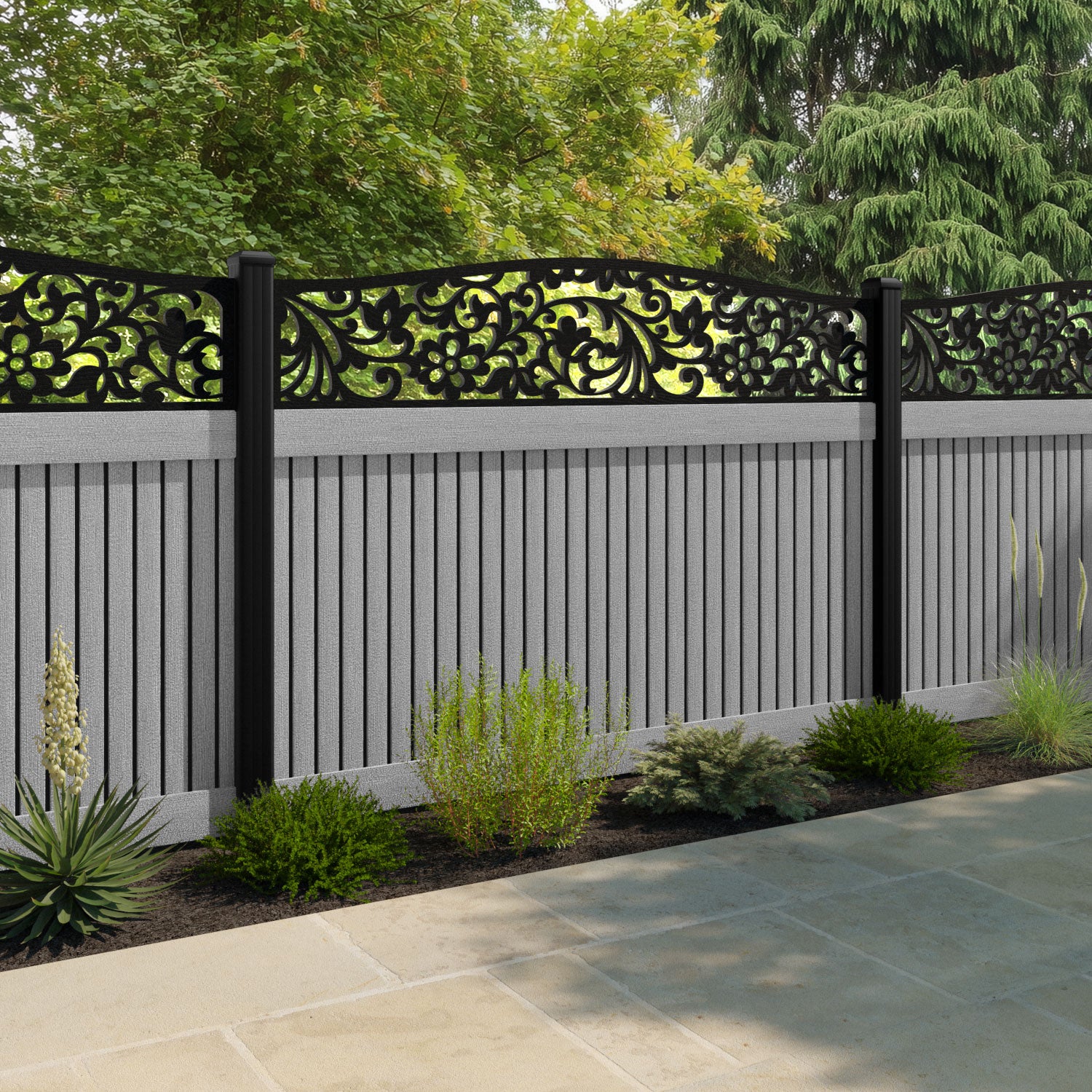 Virtis Eden Curved Top Fence Panel - Light Grey - with our aluminium posts