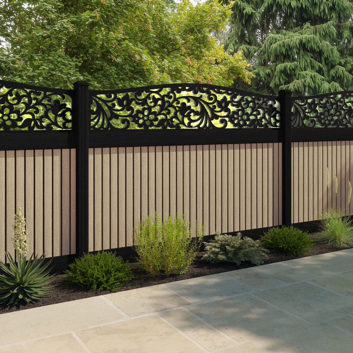 Virtis Eden Curved Top Fence Panel - Light Oak - with our composite posts