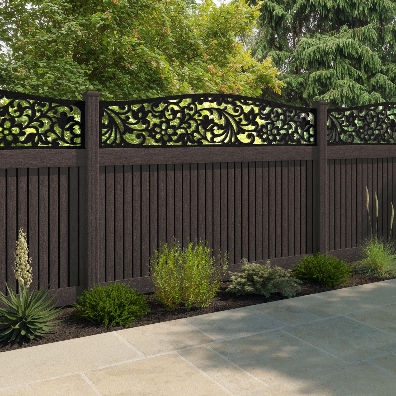 Virtis Eden Curved Top Fence Panel - Mid Brown - with our composite posts