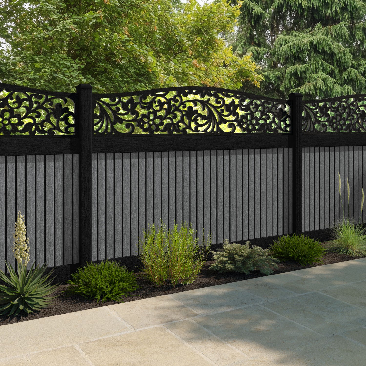 Virtis Eden Curved Top Fence Panel - Mid Grey - with our aluminium posts
