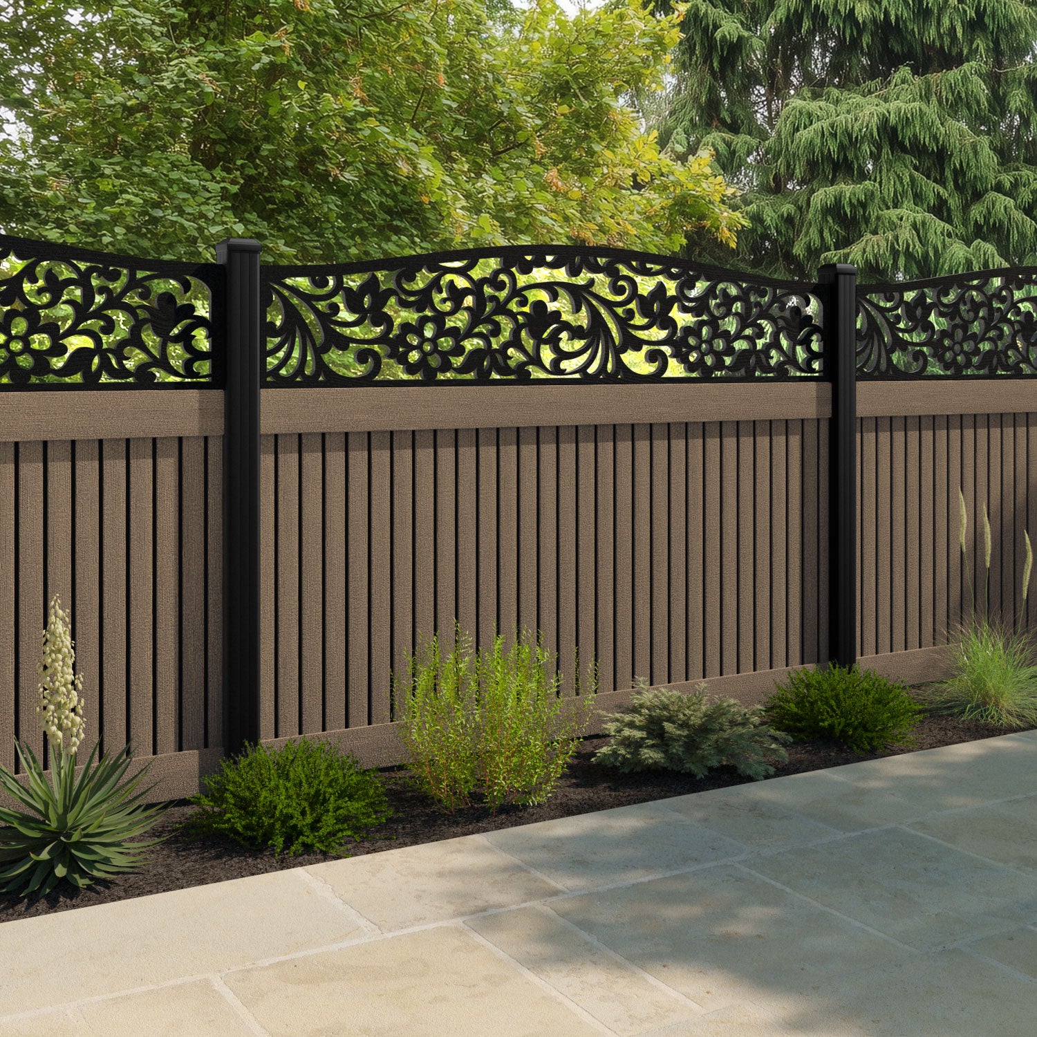 Virtis Eden Curved Top Fence Panel - Teak - with our composite posts