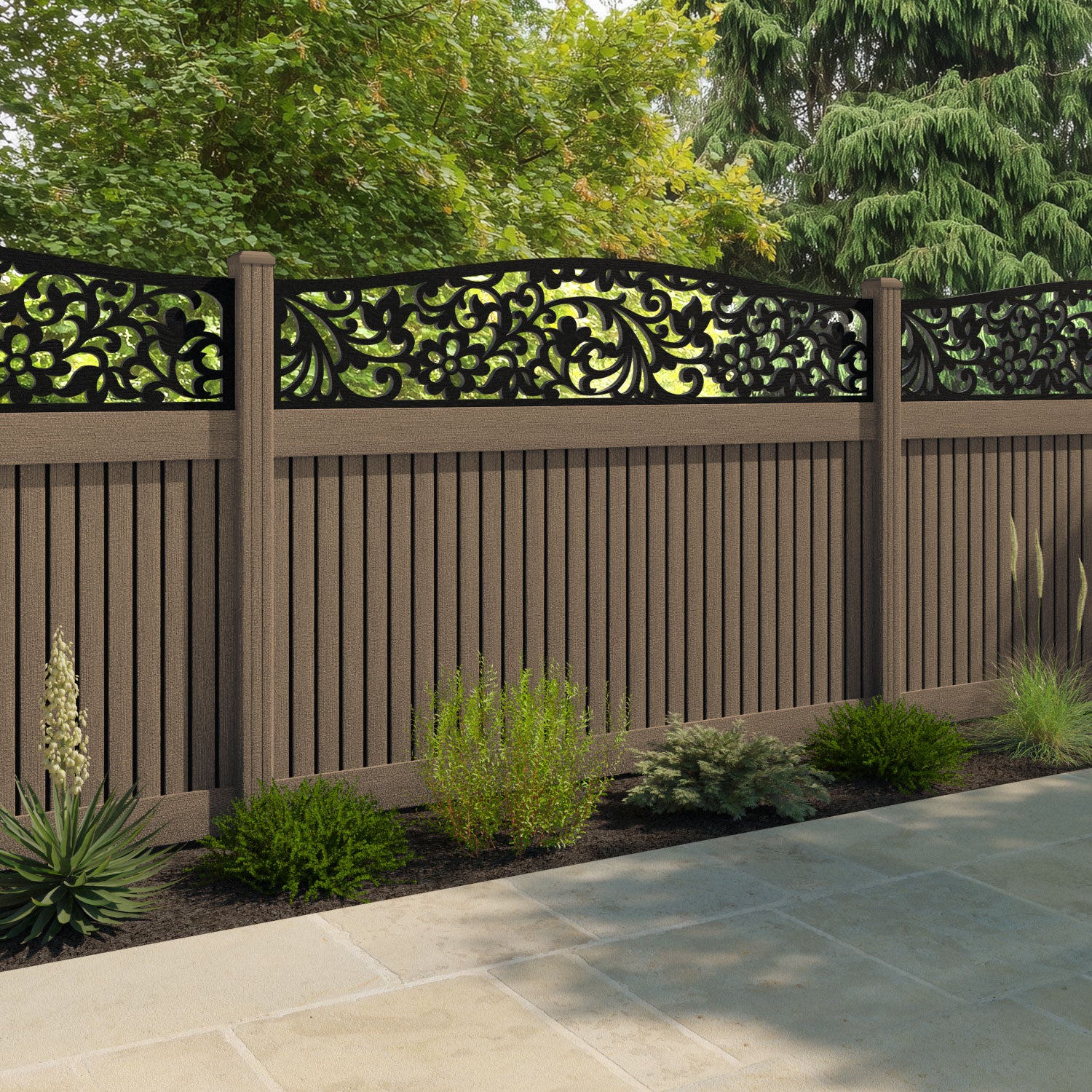 Virtis Eden Curved Top Fence Panel - Teak - with our composite posts
