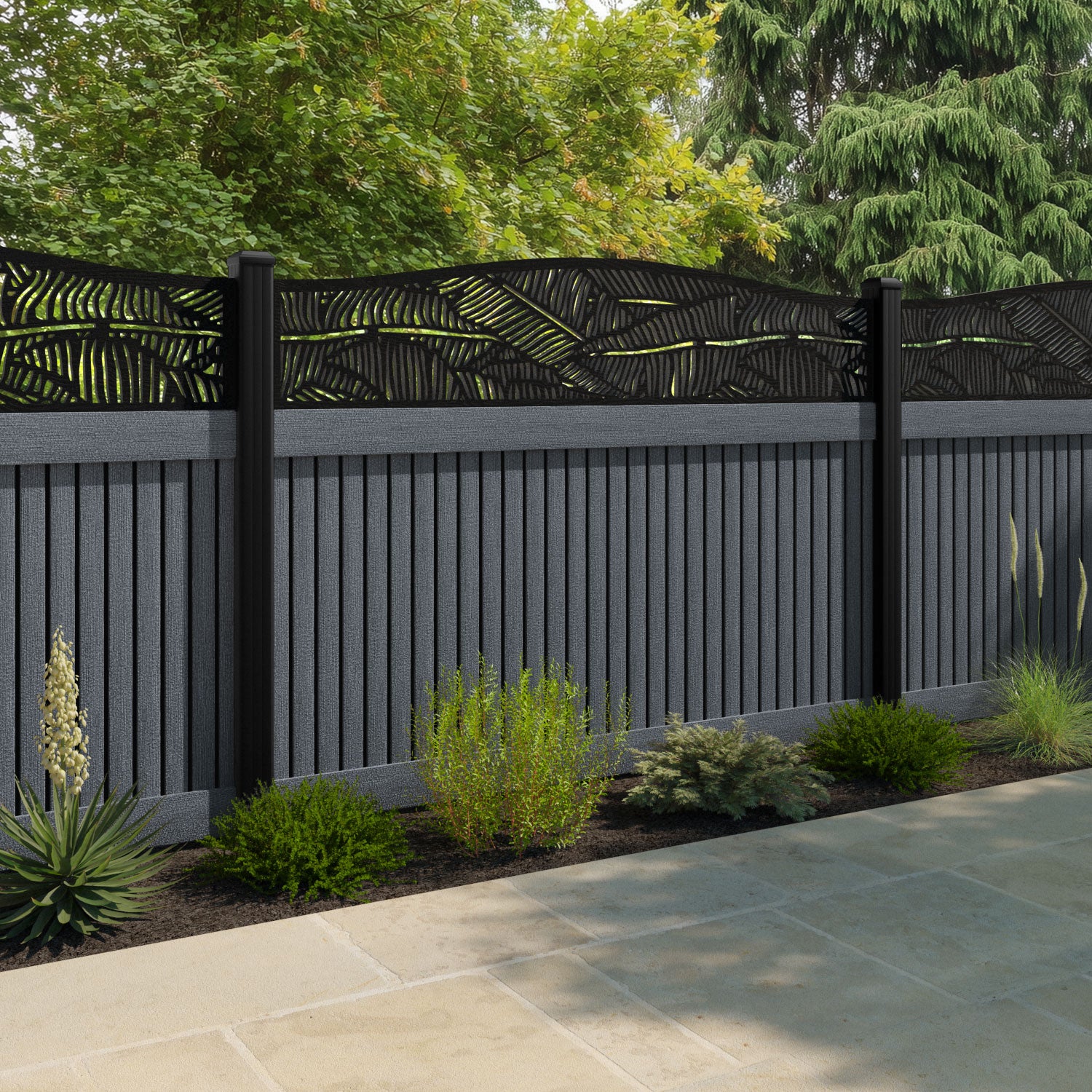 Virtis Feather Curved Top Fence Panel - Anthracite - with our composite posts