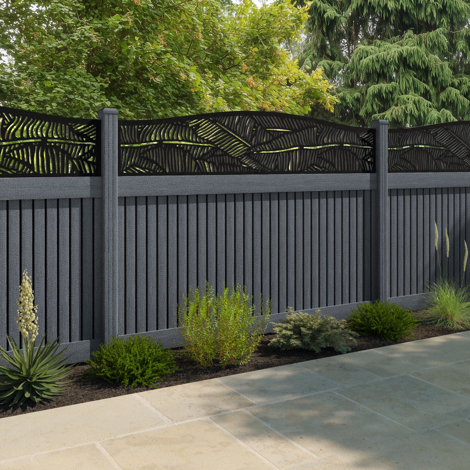 Virtis Feather Curved Top Fence Panel - Anthracite - with our composite posts