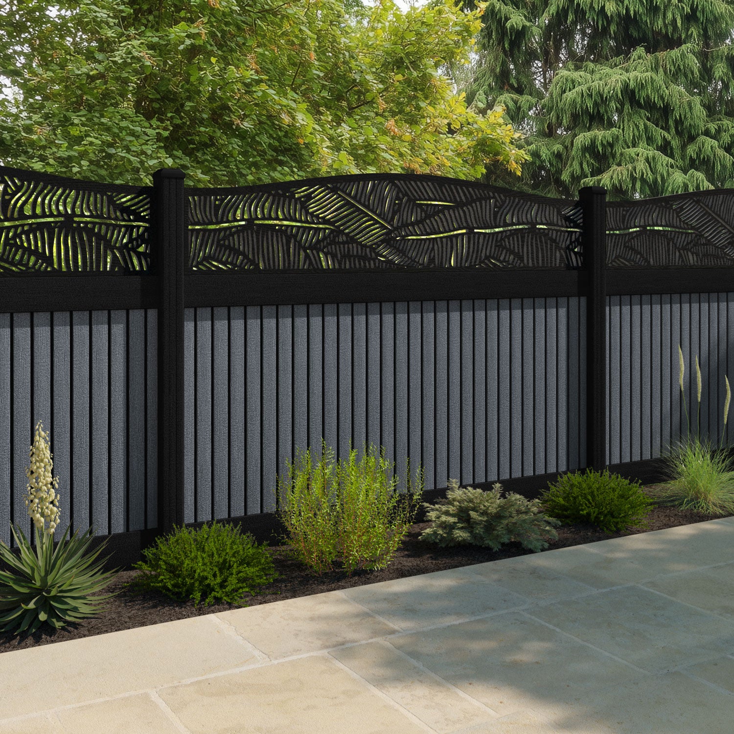 Virtis Feather Curved Top Fence Panel - Anthracite - with our composite posts