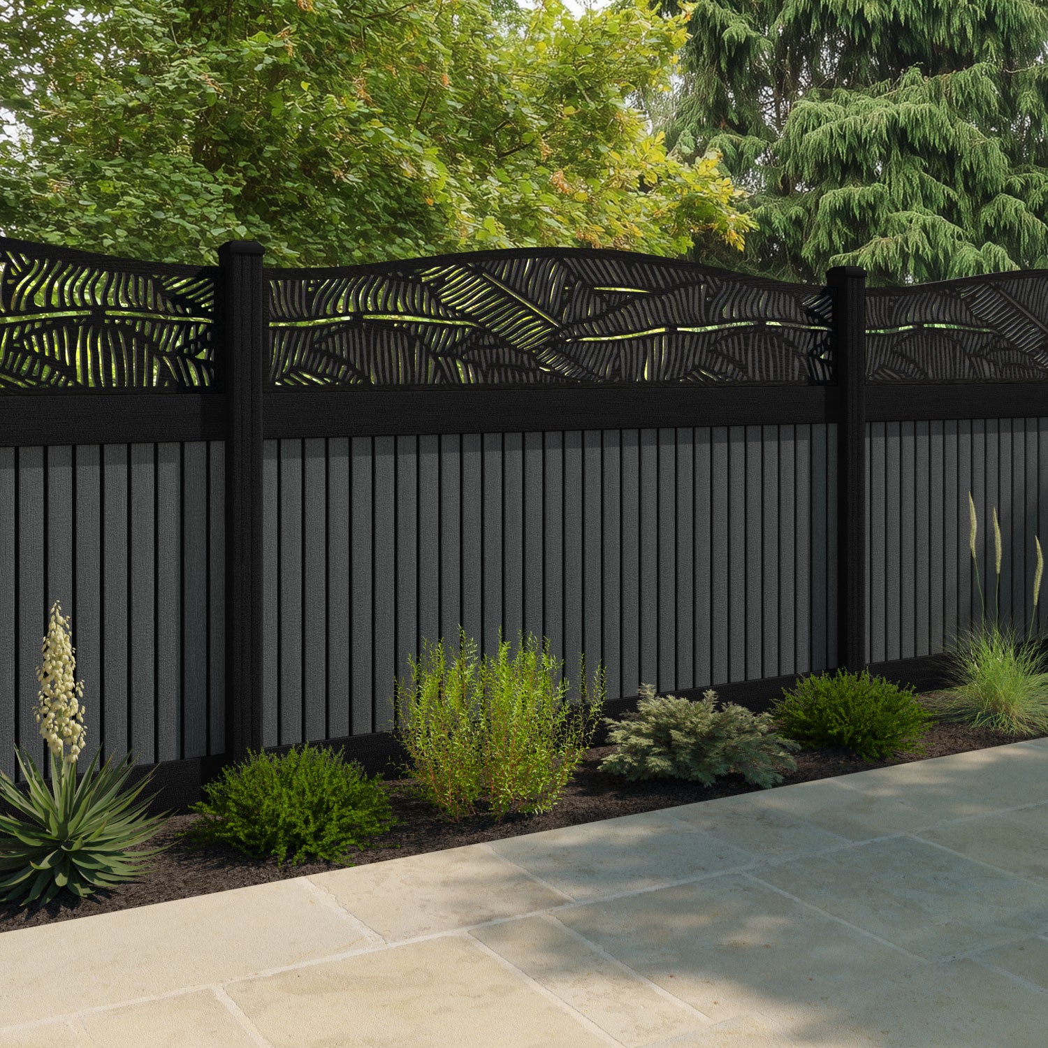 Virtis Feather Curved Top Fence Panel - Dark Grey - with our aluminium posts
