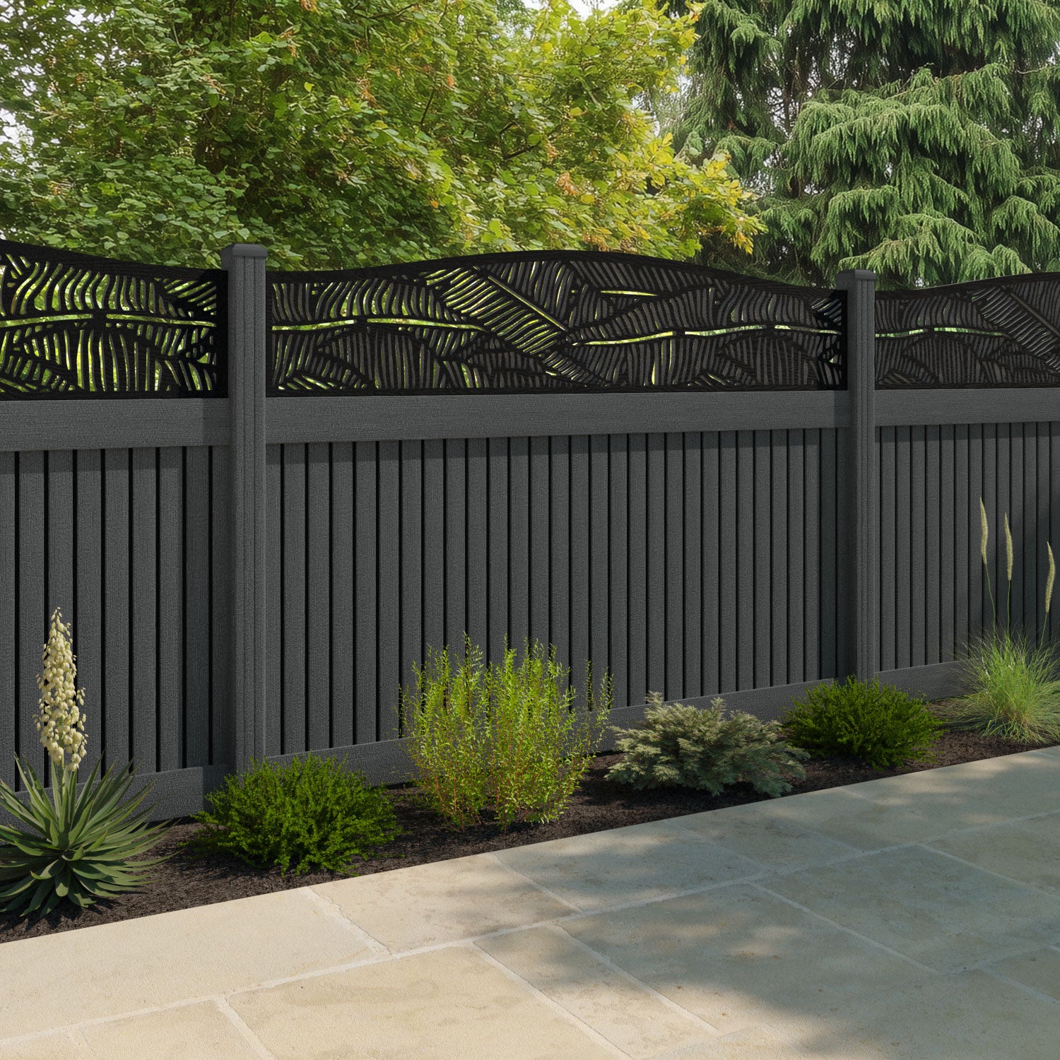 Virtis Feather Curved Top Fence Panel - Dark Grey - with our composite posts